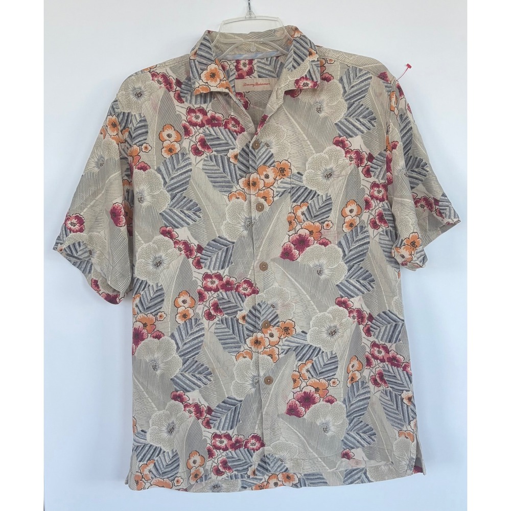 Tommy Bahama Mens Small Silk Floral Waffle Weave Camp Shirt Beige Pink Tropical